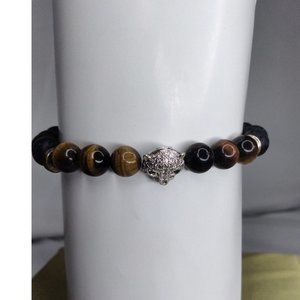 Leopard With Rhinestone, Tiger Eye, Black Lava Beads Stretch Bracelet